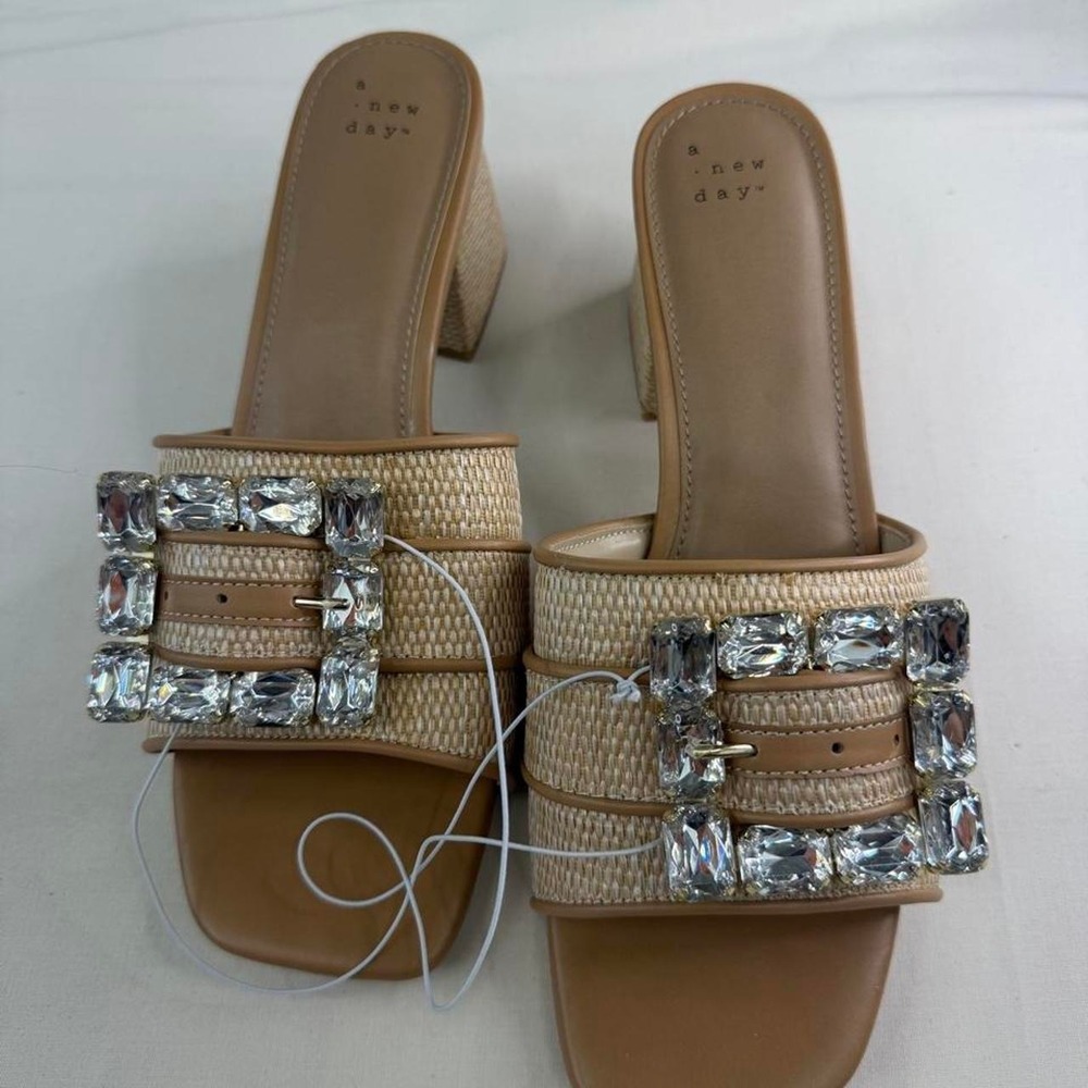 A New Day embellished raffia block heel slide sandals, size 10
